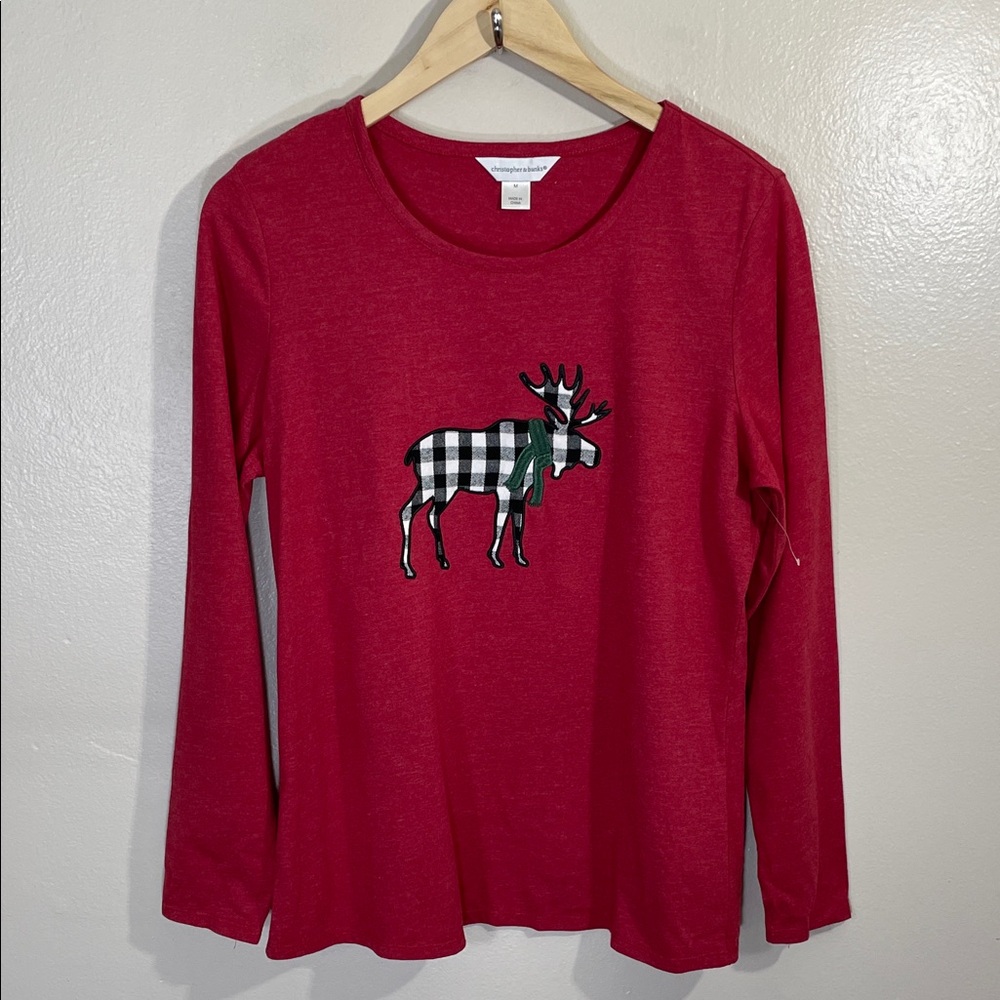 NWOT Christopher & Banks Red Long Sleeve Tee with Moose Design